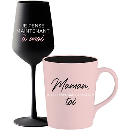 Duo tasse à café et verre à vin “Maman” noir et rose''