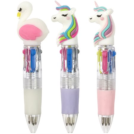 Mini stylo 4 couleurs (licorne et flamant)