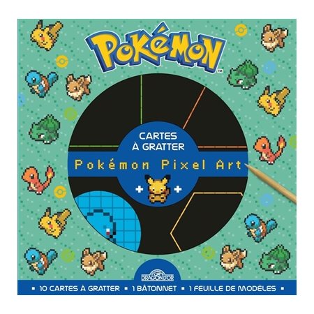 Pokémon : cartes à gratter pixel art : Pikachu, Bulbizarre, Salamèche, Carapuce